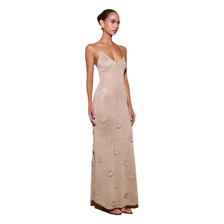 Damen Elegantes Maxikleid mit funkelnden Blütenapplikationen Drune
