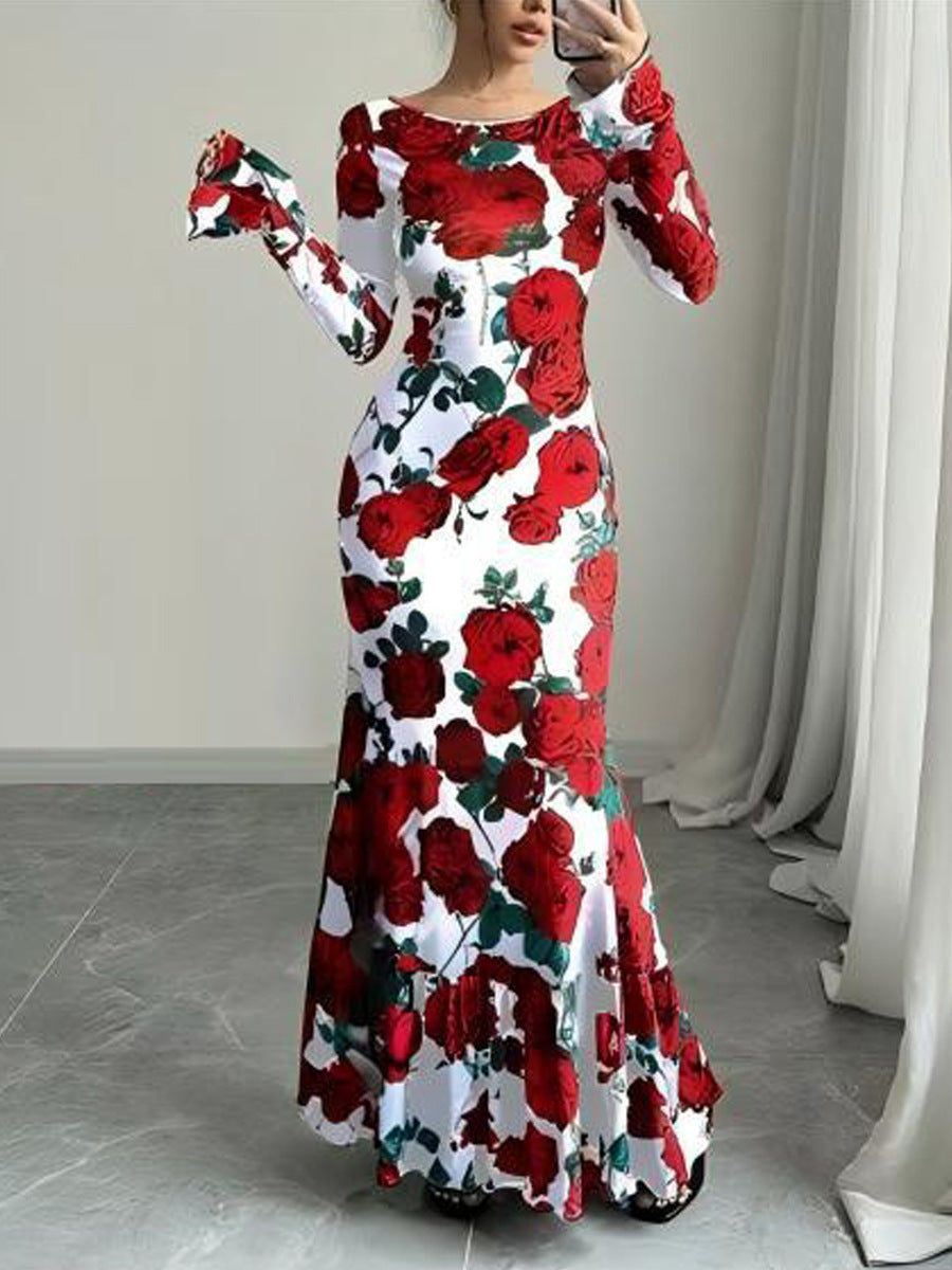 Damen Elegantes Maxikleid mit floralen Rüschendetails und langem Arm Drune