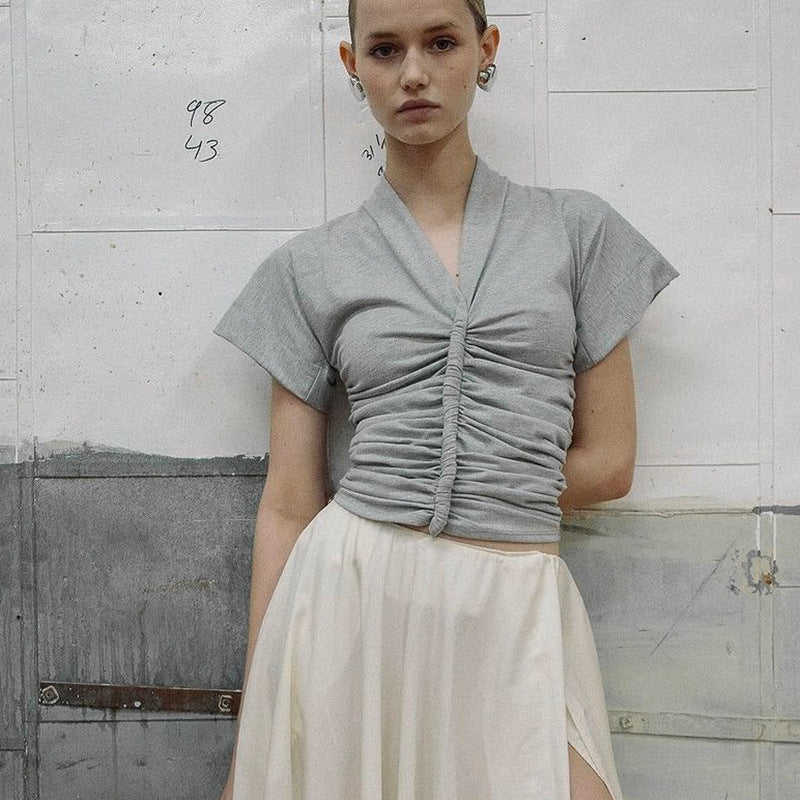 Damen elegantes Kurzarmoberteil mit figurbetonter Raffung Drune