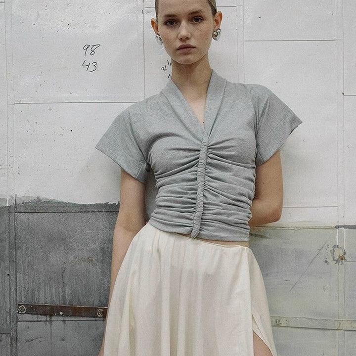 Damen elegantes Kurzarmoberteil mit figurbetonter Raffung Drune