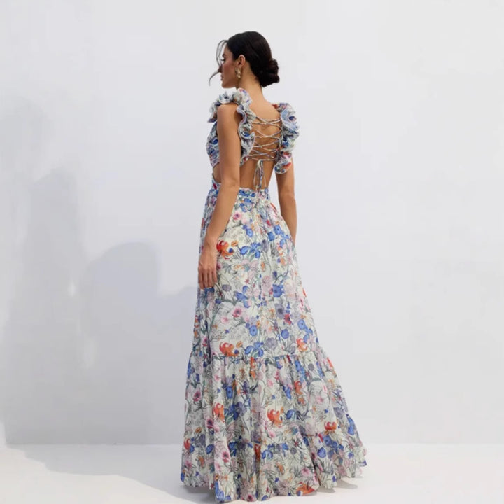 Damen Maxikleid mit floralem Print und romantischen Rüschen Drune