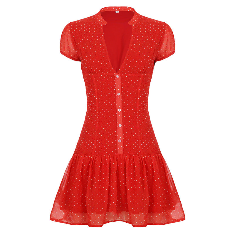 Damen Kurzarm-Kleid mit fröhlichem Punkten-Design und elegantem V-Ausschnitt Drune