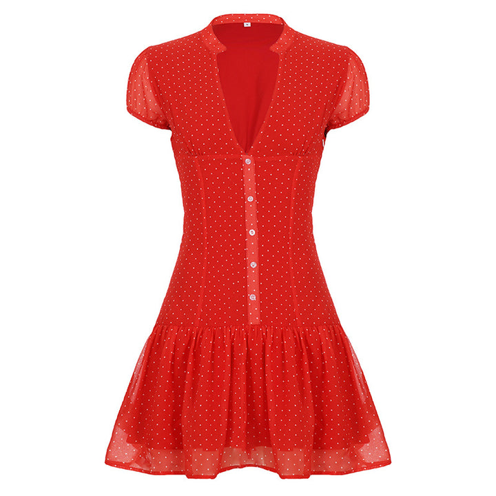 Damen Kurzarm-Kleid mit fröhlichem Punkten-Design und elegantem V-Ausschnitt Drune