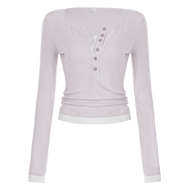 Damen nan tailliertes Henley-Crop-Longsleeve mit kontrastierenden Saum- und Ärmelbündchen Drune