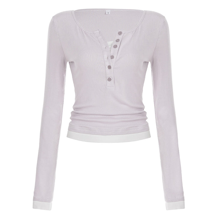 Damen nan tailliertes Henley-Crop-Longsleeve mit kontrastierenden Saum- und Ärmelbündchen Drune