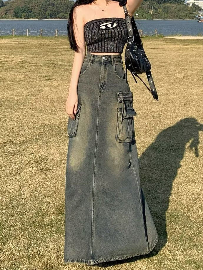 Damen Langer Denim-Rock mit hochgezoggtem Bund und praktischen Taschen Drune