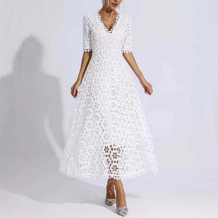 Damen Midi Kleid mit floralen Stickereien und V-Ausschnitt Drune