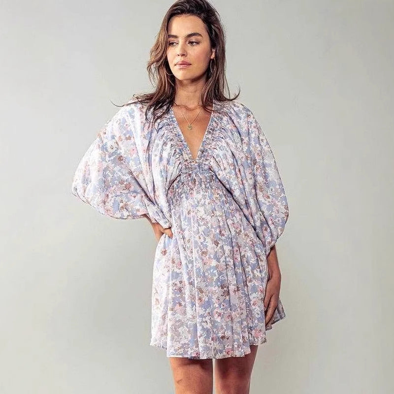 Damen romantisches Gartenkleid mit puffärmeln und elastischer Taille Drune