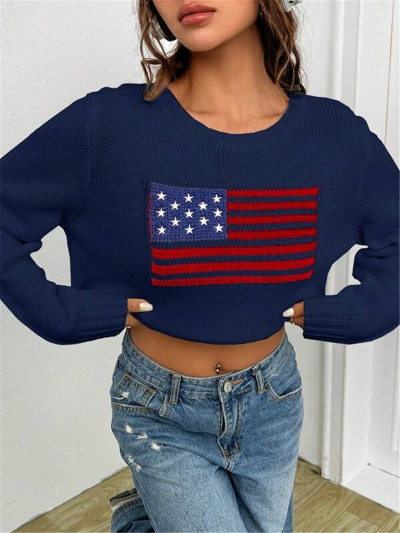 Damen lässiger Crop-Pullover mit Flaggenmuster und strukturiertem Strick Drune