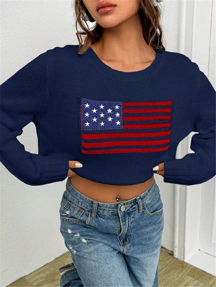 Damen lässiger Crop-Pullover mit Flaggenmuster und strukturiertem Strick Drune