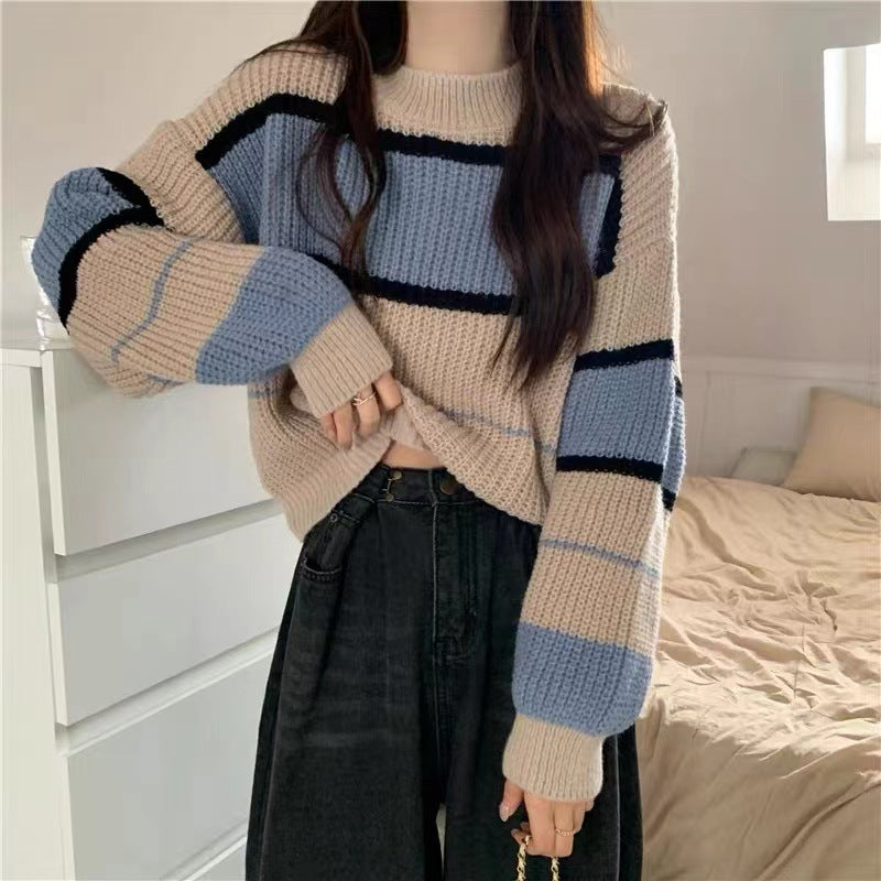 Damen Grober gestrickter Pullover mit bunten Streifen und lockerer Passform Drune