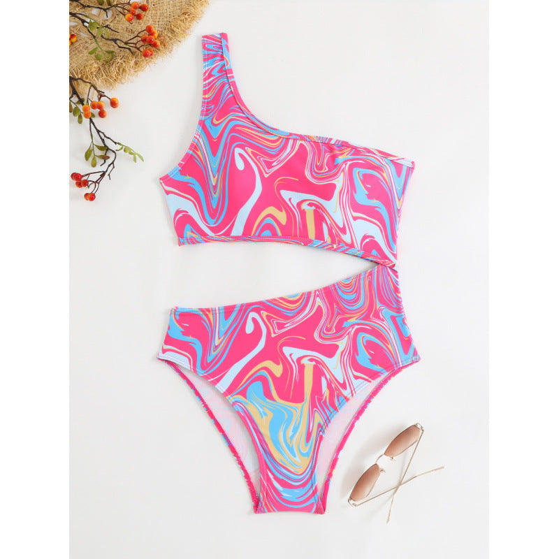 Damen One-Shoulder Bikini-Set mit buntem Muster und hohem Beinausschnitt Drune