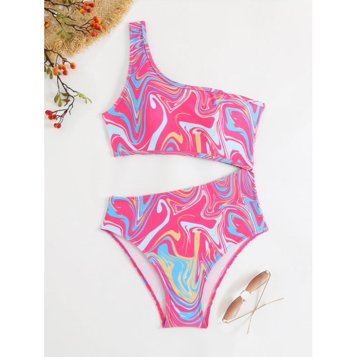 Damen One-Shoulder Bikini-Set mit buntem Muster und hohem Beinausschnitt Drune