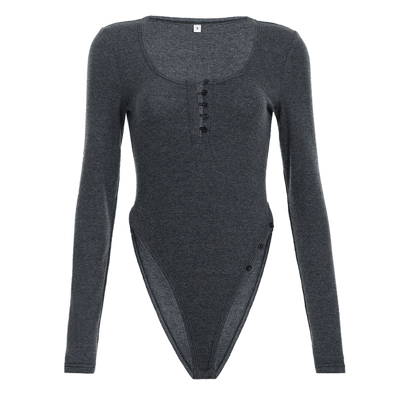 Damen figurbetonter Langarmbody mit elegantem V-Ausschnitt und Druckknopfdetail Drune
