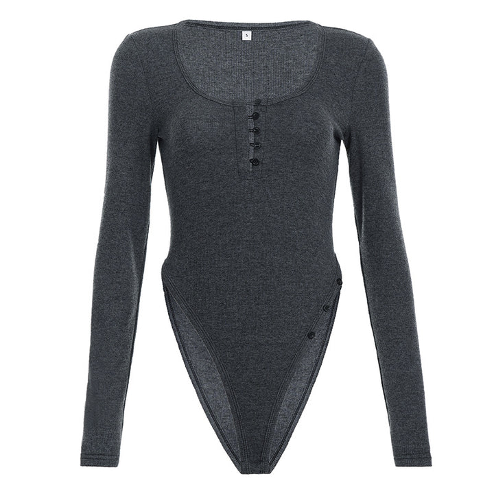 Damen figurbetonter Langarmbody mit elegantem V-Ausschnitt und Druckknopfdetail Drune