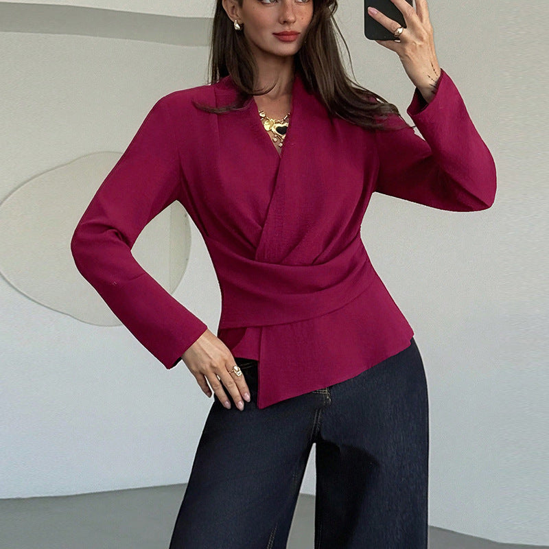 Damen elegantes Wickeloberteil mit asymmetrischem Saum Drune