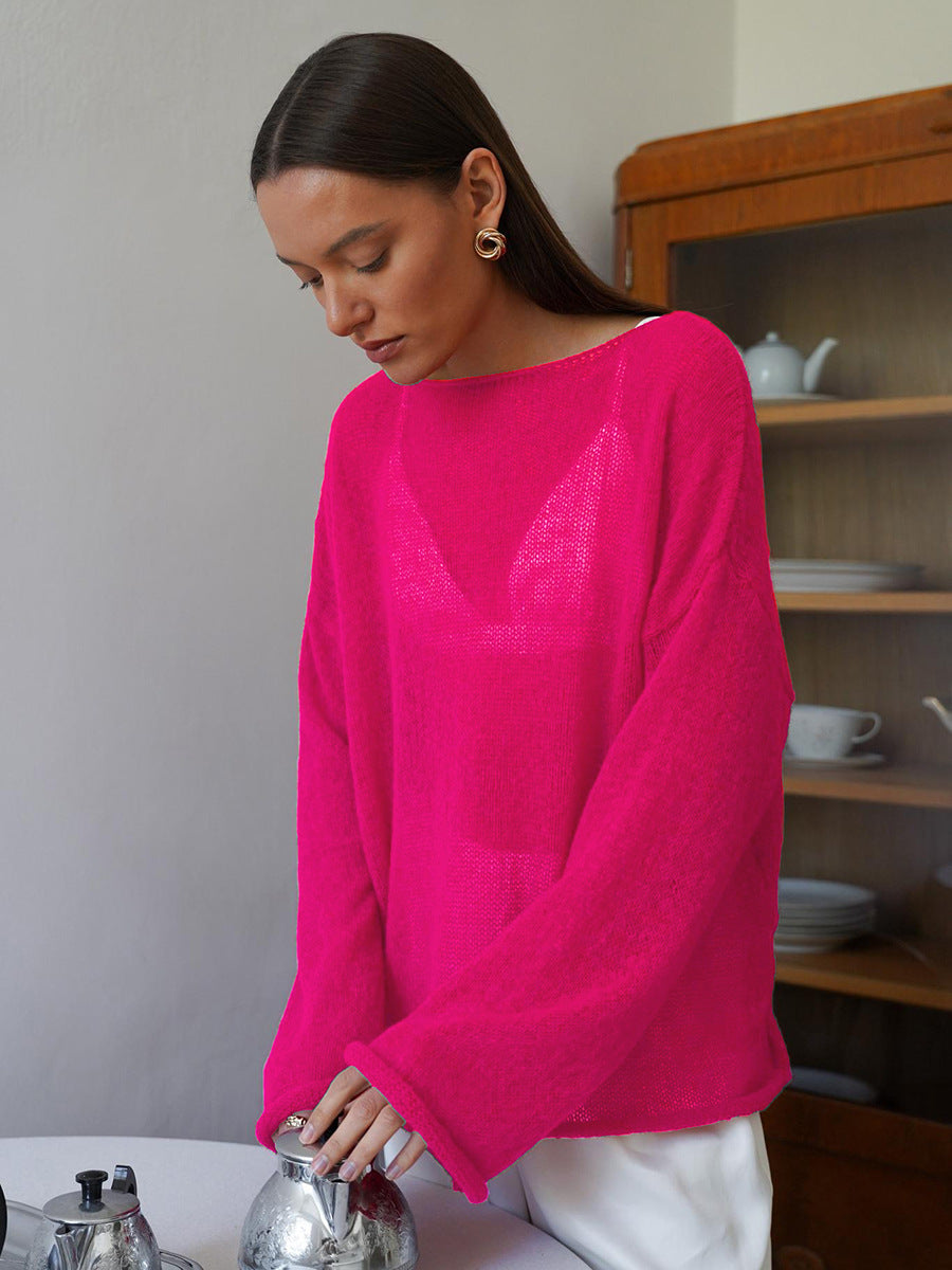 Damen lässiger Pullover mit weiten Ärmeln und feinem Lochstrickdesign Drune