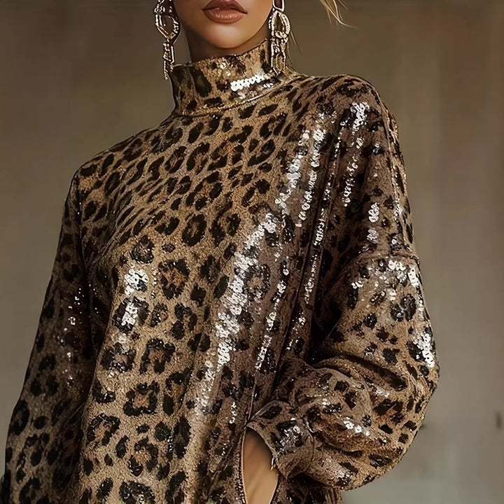 Damen Glitzerndes Kurzkleid mit Leopardenmuster und Fransen Drune