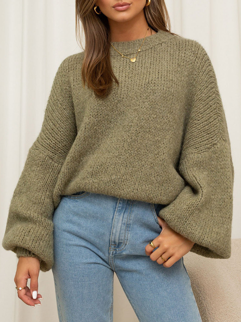 Damen grob gestrickter Oversized-Pullover mit voluminösen Ärmeln und gemütlicher Passform Drune