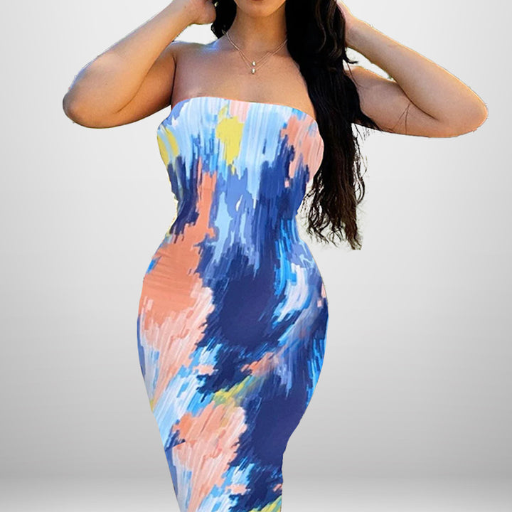 Damen Maxikleid mit elegantem schulterfreiem Design und farbenfrohem Muster Drune