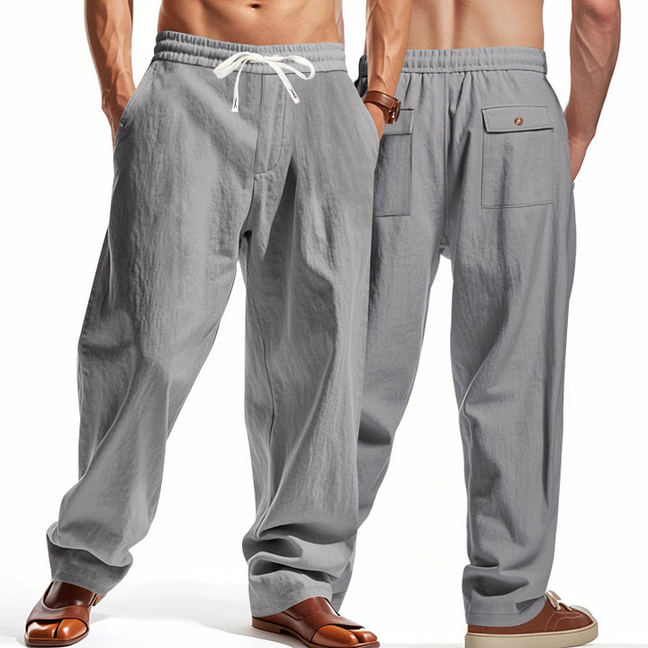 Herren nan lässige Leinen-Freizeithose mit elastischem Bund Kordelzug und aufgesetzten Gesäßtaschen Drune