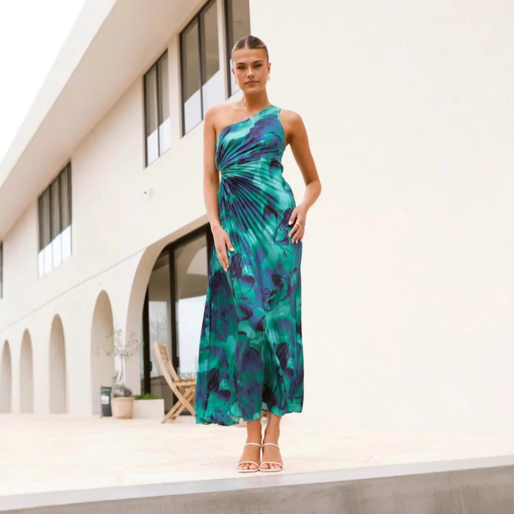 Damen Maxikleid mit asymmetrischem Schnitt und fließendem Faltenrock Drune