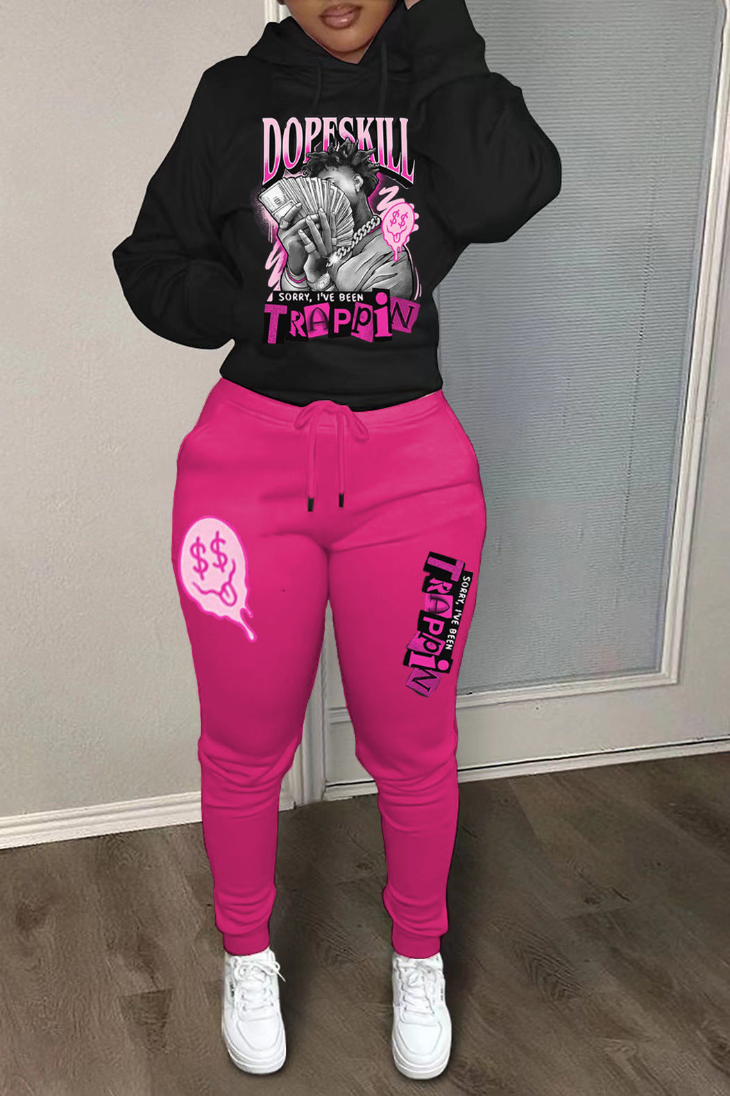 Damen bequeme Hoodie und Jogginghose Set mit kreativem Druck Drune