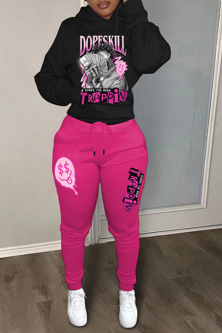 Damen bequeme Hoodie und Jogginghose Set mit kreativem Druck Drune