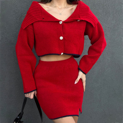 Damen Set mit hochgeschlossenem Crop-Oberteil und Minirock Drune