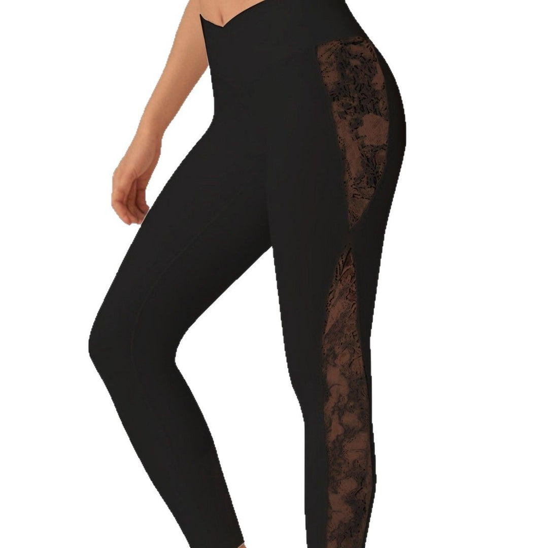 Damen Leggings mit transparenter Spitzeinsatz und hohem Taillenbund Drune