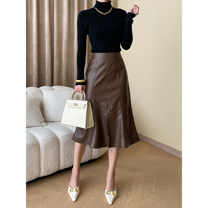 Damen Eleganter Lederrock mit ausgestelltem Schnitt Drune