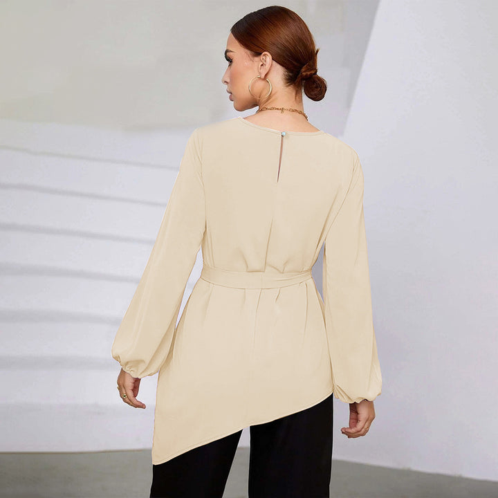 Damen asymmetrisches Blusenoberteil mit eleganten Rüschen und modischem Taillengürtel Drune