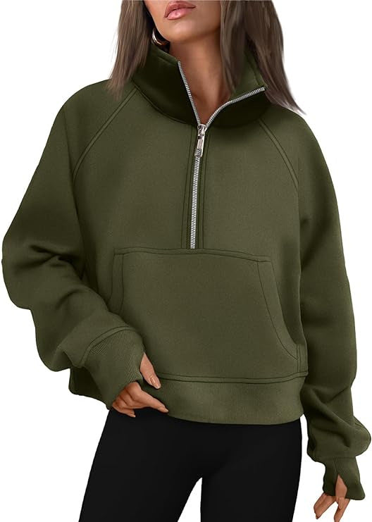 Damen nan cropped Halbzip-Sweatshirt mit hohem Stehkragen, Kängurutasche und überschnittener Schulter Drune