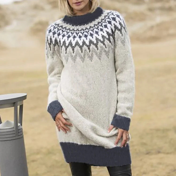 Damen Strickkleid mit verspielt nordischem Muster und hohem Kragen Drune
