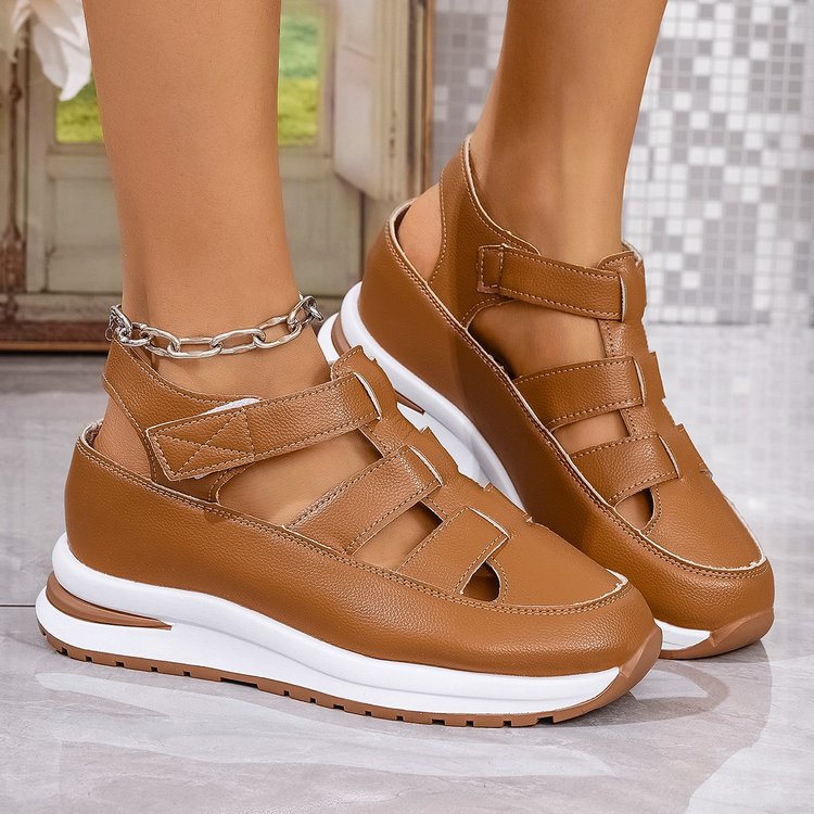 Damen nan geschlossene Riemchensandalette mit ergonomischer Keilplattform, verstellbarem Klettverschluss und rutschfester Profilsohle Drune