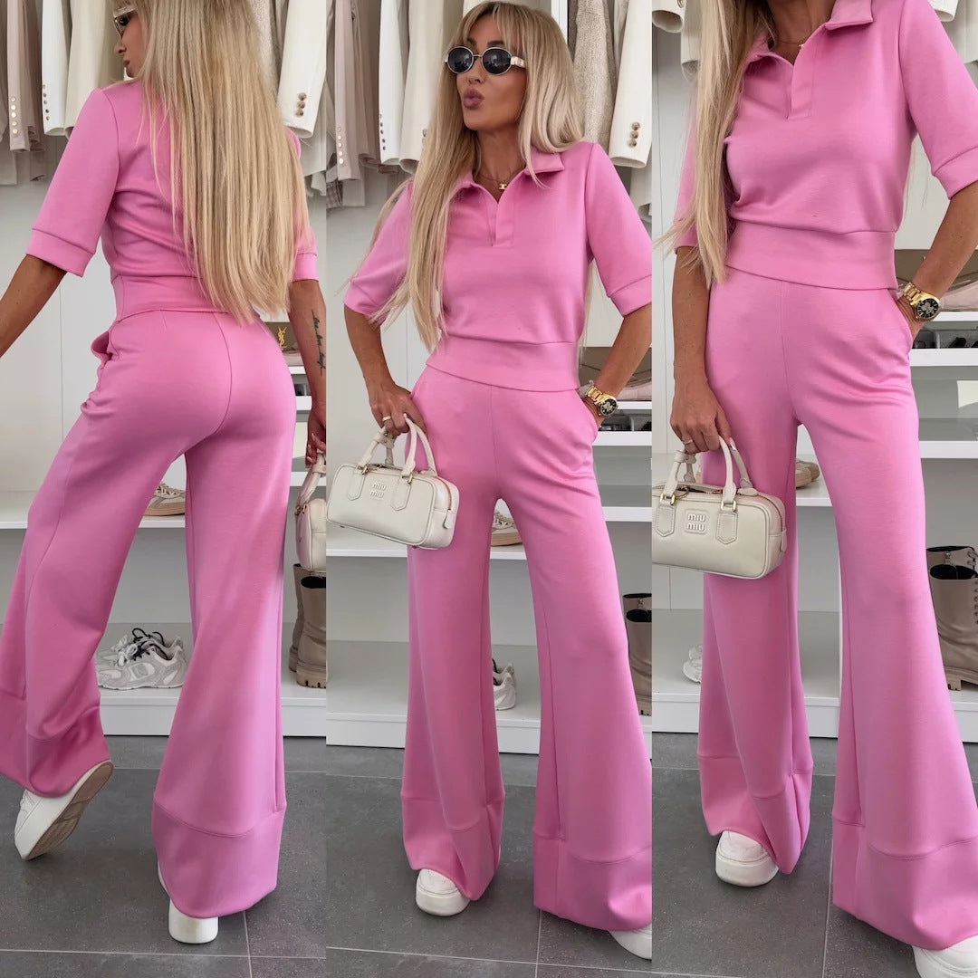 Damen trendiger Poloshirt und palazzo Hosen Set Drune