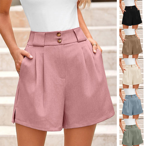 Damen Elegante Kurz-Hosen mit hoher Taille und doppeltem Knopf Drune