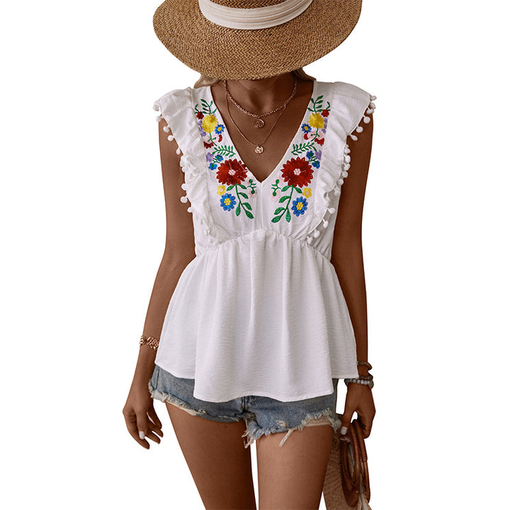 Damen Bluse mit floralen Stickereien und Rüschendetails Drune
