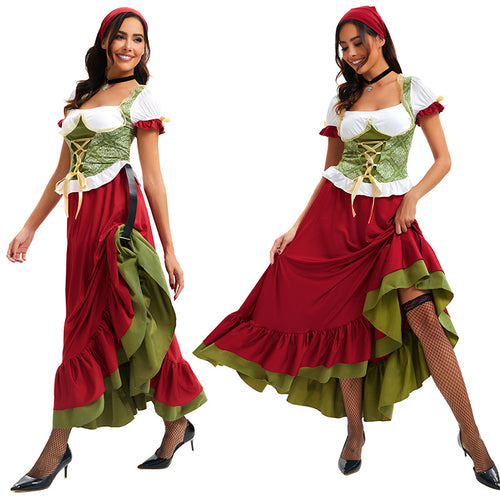 Damen nan traditionelles Dirndl Trachtenkleid Ensemble mit verstellbarem Corsagenmieder und langem Stufenrock Drune