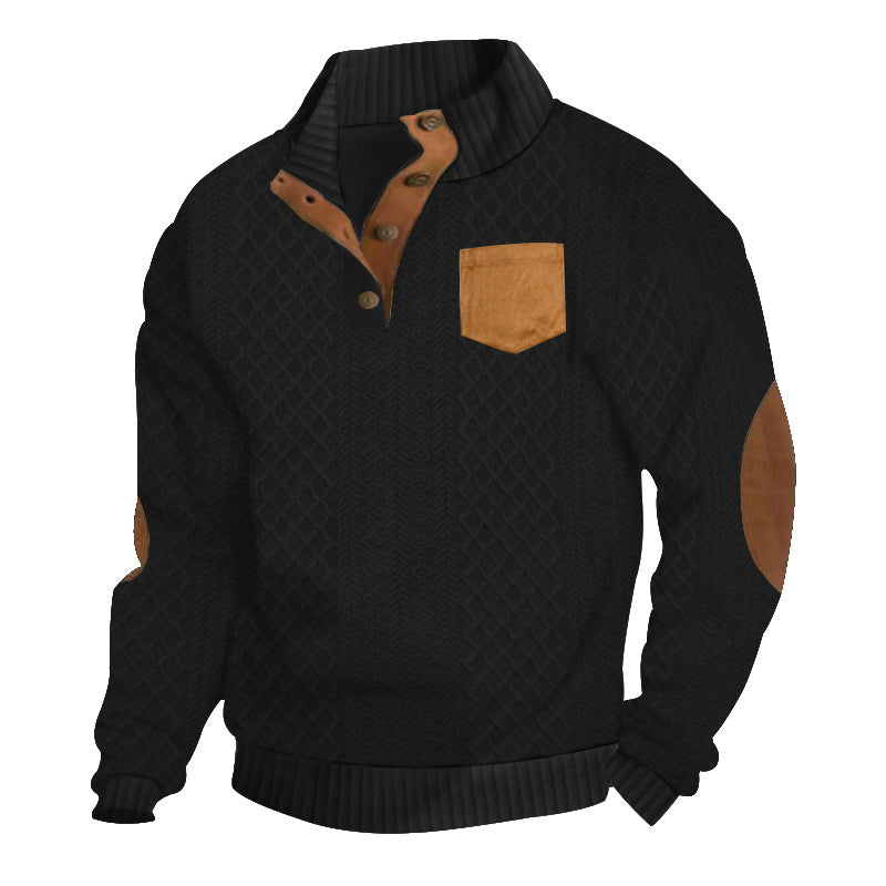 Herren nan texturierter Strickpullover mit Stehkragen, halber Knopfleiste und Lederpatches Drune