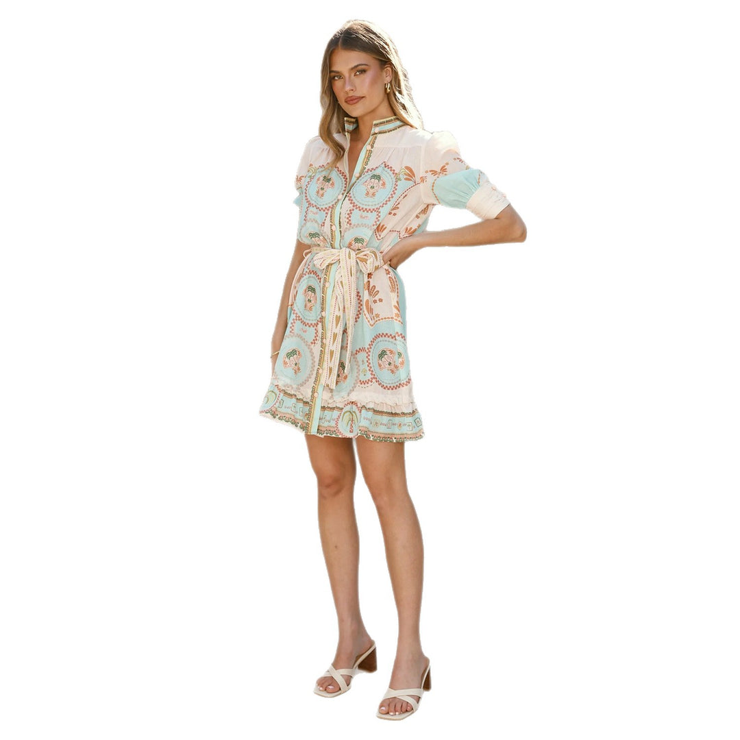 Damen Kurzarmkleid mit dekorativer Knopfleiste und verspieltem Volant Drune