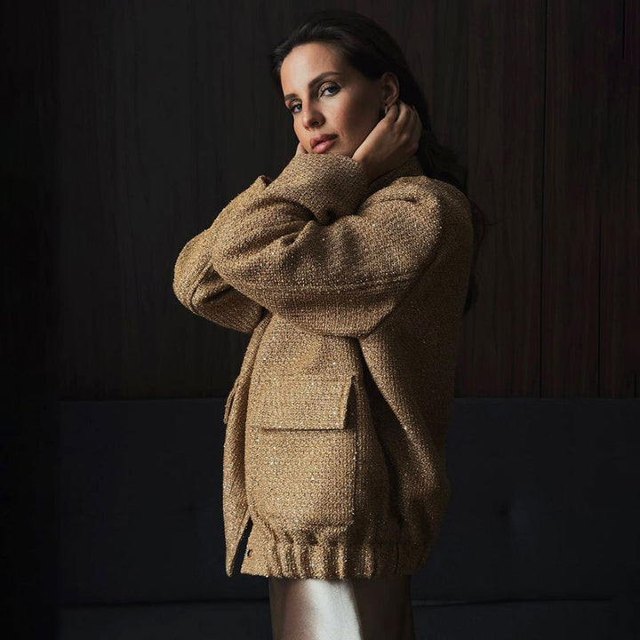 Damen Elegante Funkelnde Jacke mit Taschen und elastischem Saum Drune