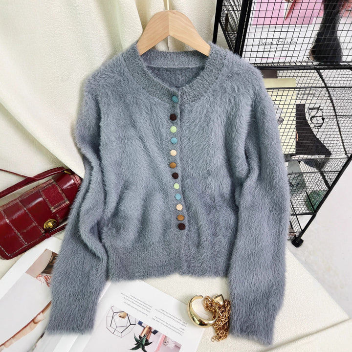 Damen flauschige Strickjacke mit bunten Knöpfen und weit geschnittenem Design Drune