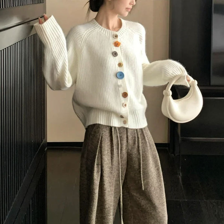 Damen Strickcardigan mit bunten Knopfdetails und strukturiertem Material Drune