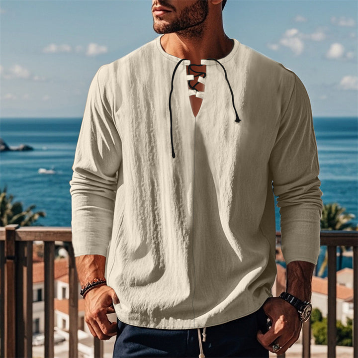 Herren modisches Langarmshirt mit Schnürung und V-Ausschnitt Drune