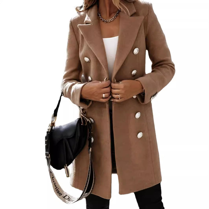 Damen Eleganter und warmer Wollmantel mit doppelter Knopfreihe Drune