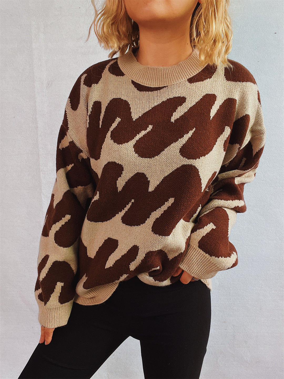 Damen lässiger Pullover mit modernem Farbblockdesign und voluminösen Ärmeln Drune
