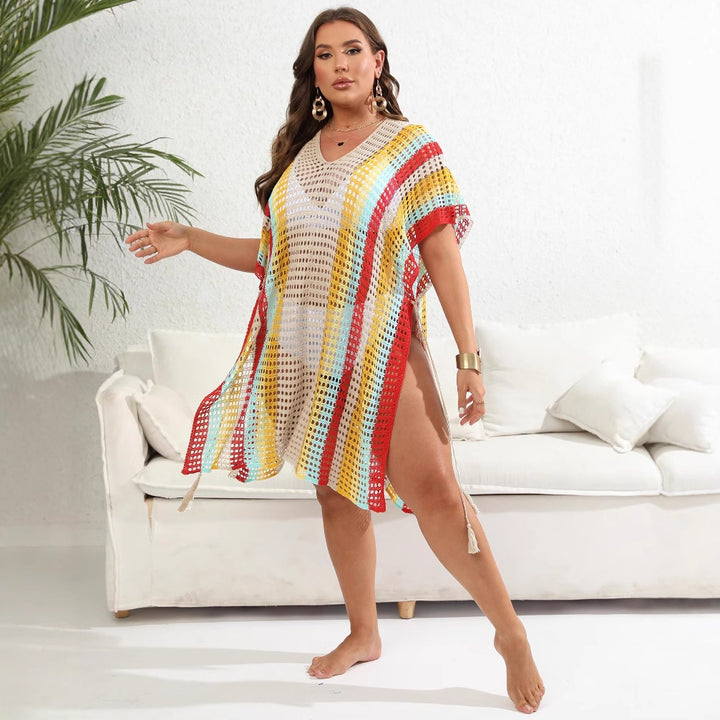 Damen luftiger Häkel-Strandponcho mit modischen Fransen Drune