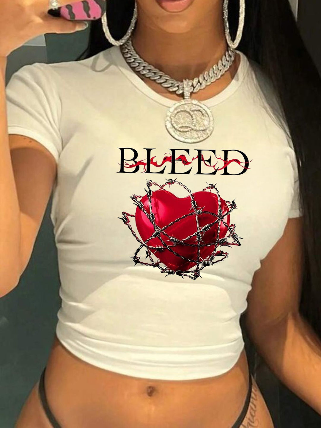 Damen Crop-T-Shirt mit kreativem Telefon-Design Drune