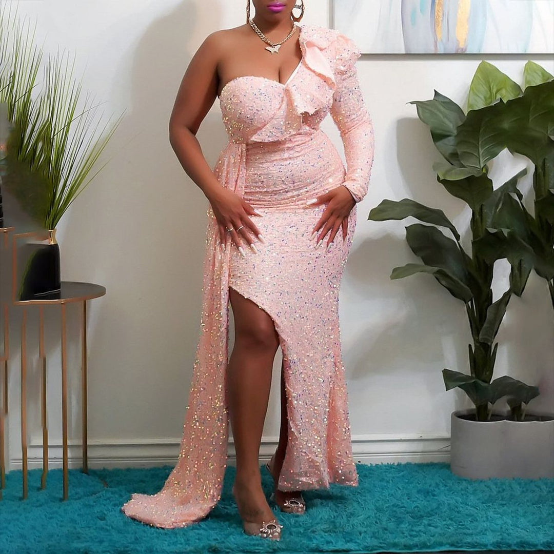 Damen Funkelndes Abendkleid mit asymmetrischem Design und fließendem Rock Drune
